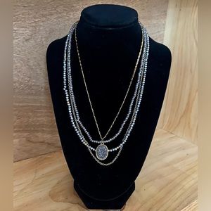 Layered Gold Oxidized Necklace with Druzy Black Pendant and Swarovski Beads